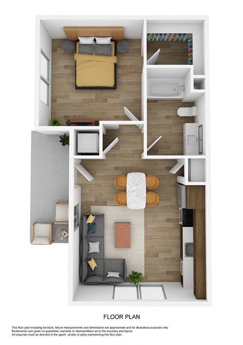 a stylized floor plan with a bedroom and a living room